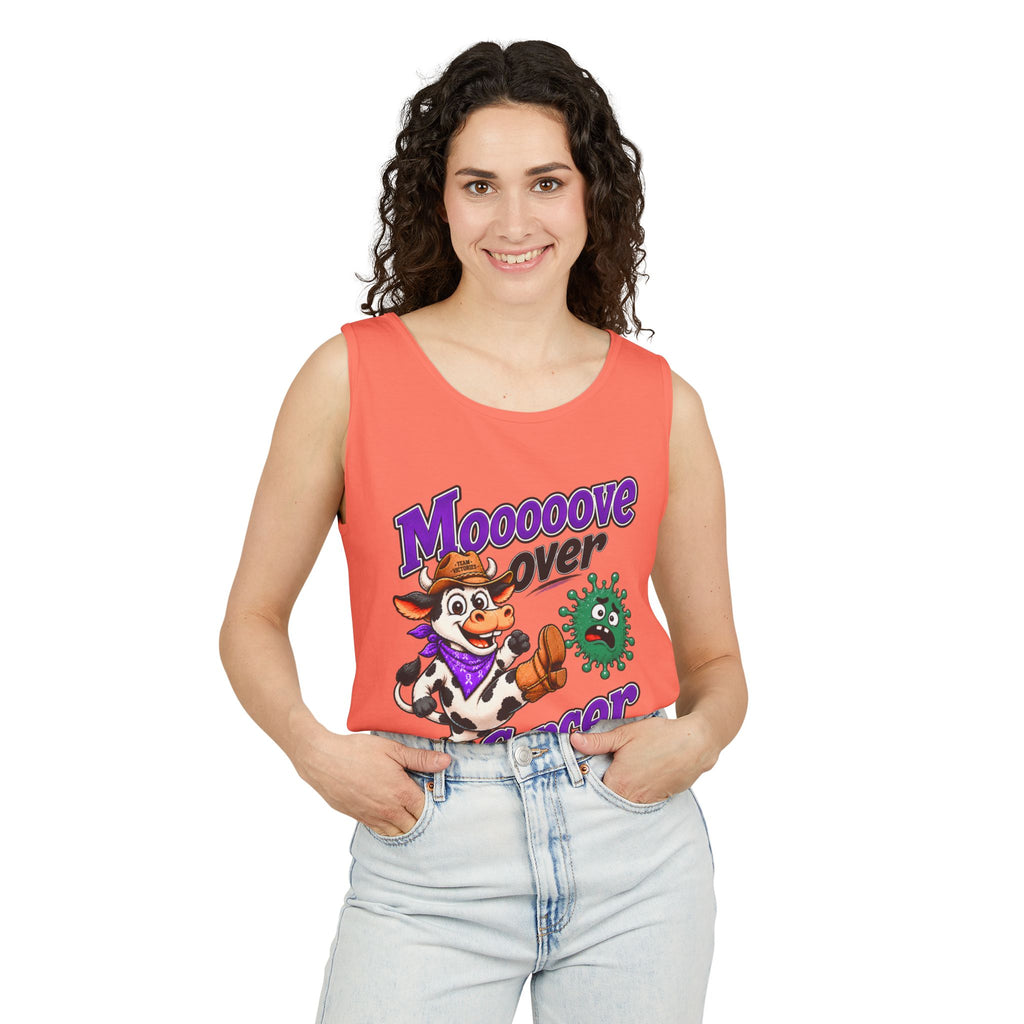 Woman modeling coral Moooove Over Cancer tank top with cow artwork and Liver Cancer awareness ribbon