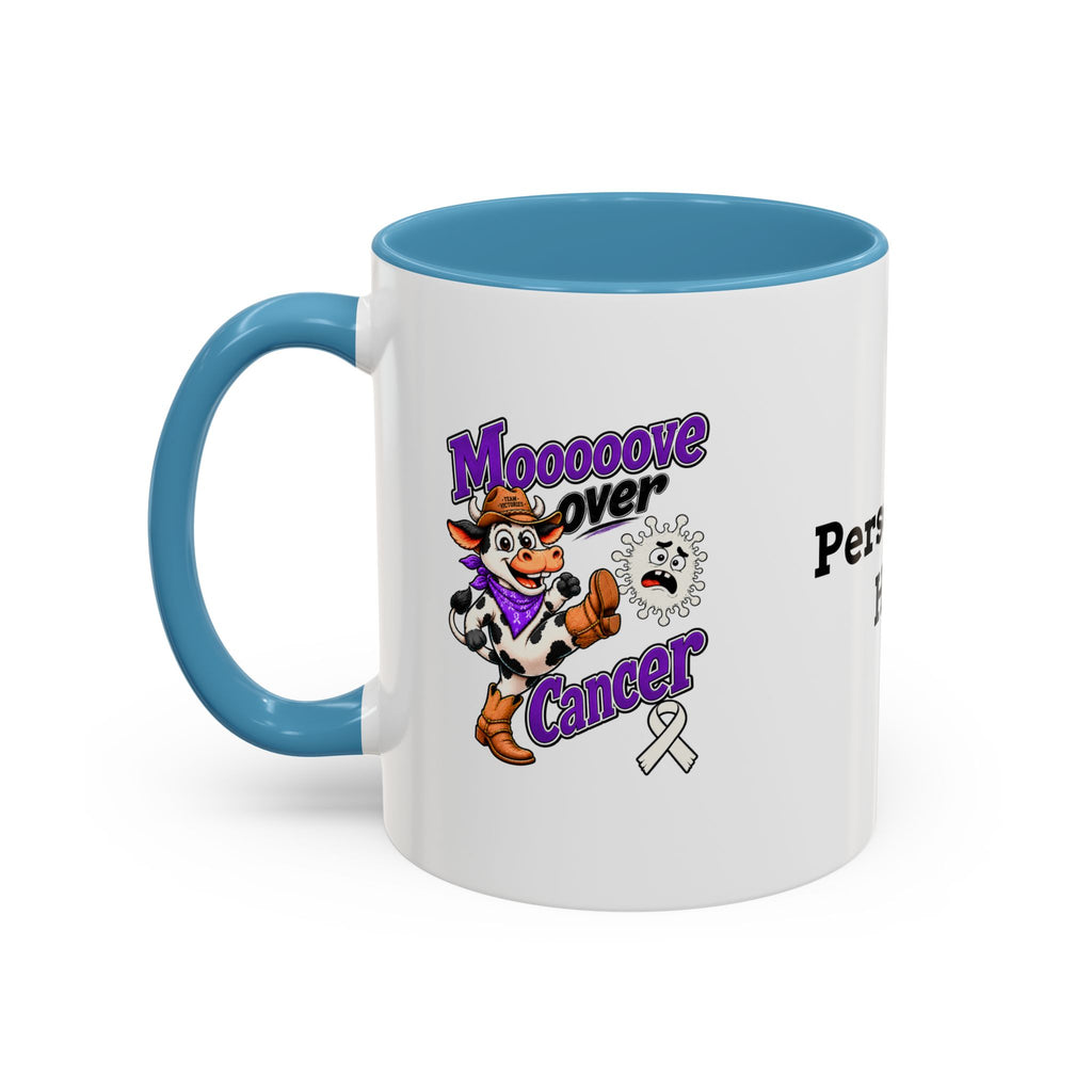 Moooove Over Cancer mug showing Team Victories ribbon artwork with blue handle