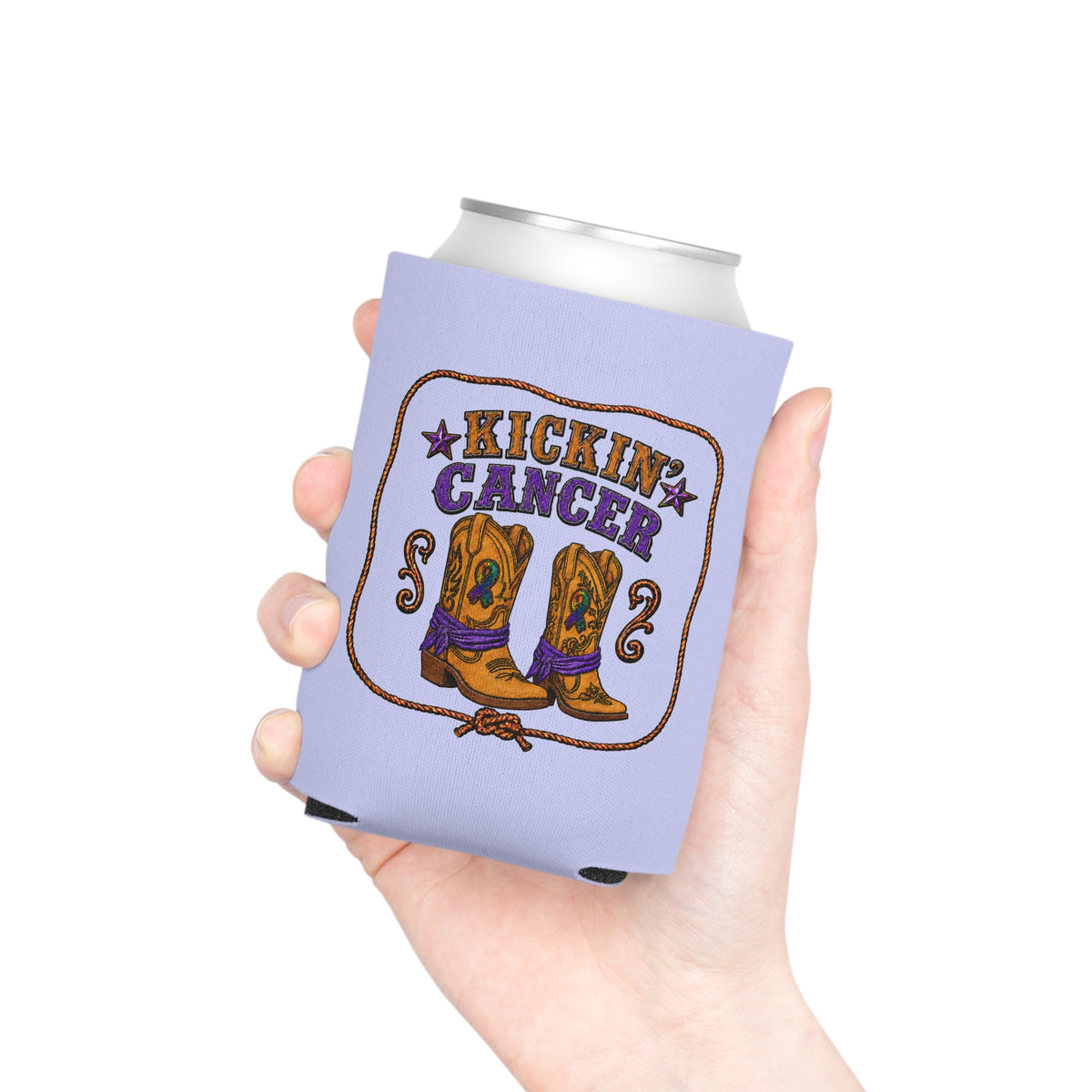 Hand holding a lavender Kickin' Cancer can cooler with western boot artwork