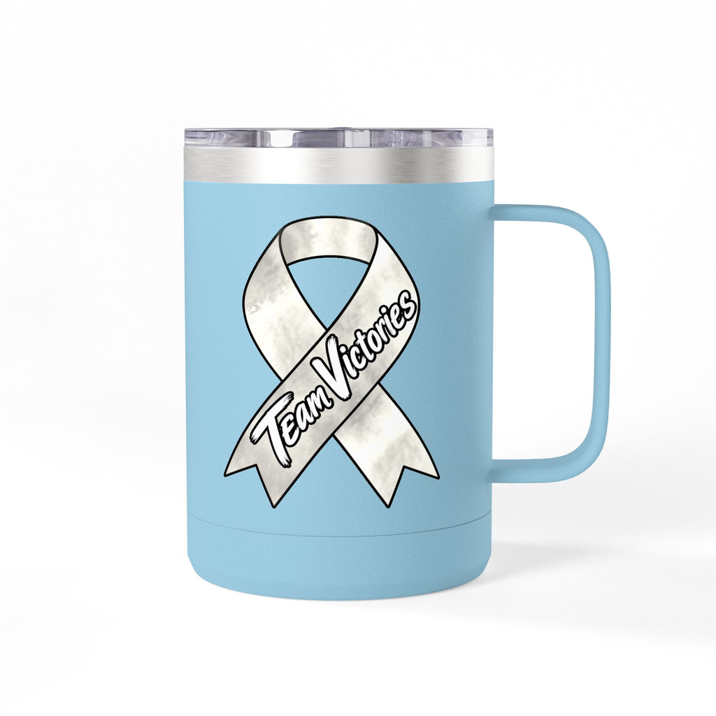 Blue Team Victories mug displaying a Lung Cancer awareness ribbon design