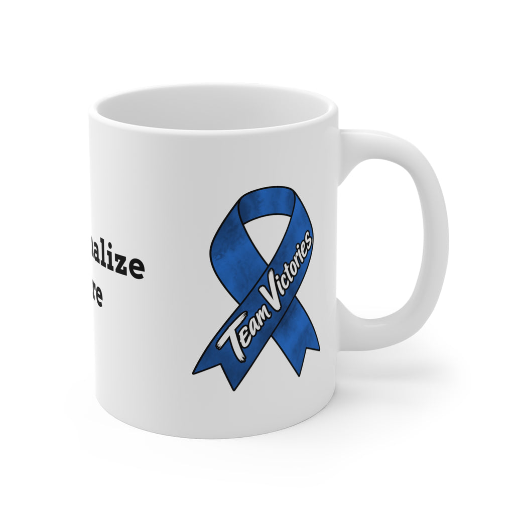 Team Victories artwork on a blue Colon Cancer awareness ribbon mug
