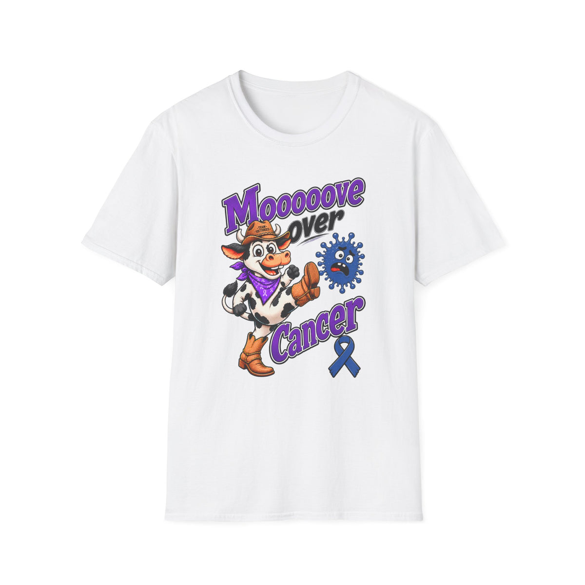 Moooove Over Cancer T-shirt with Western character and Colon Cancer awareness design on white