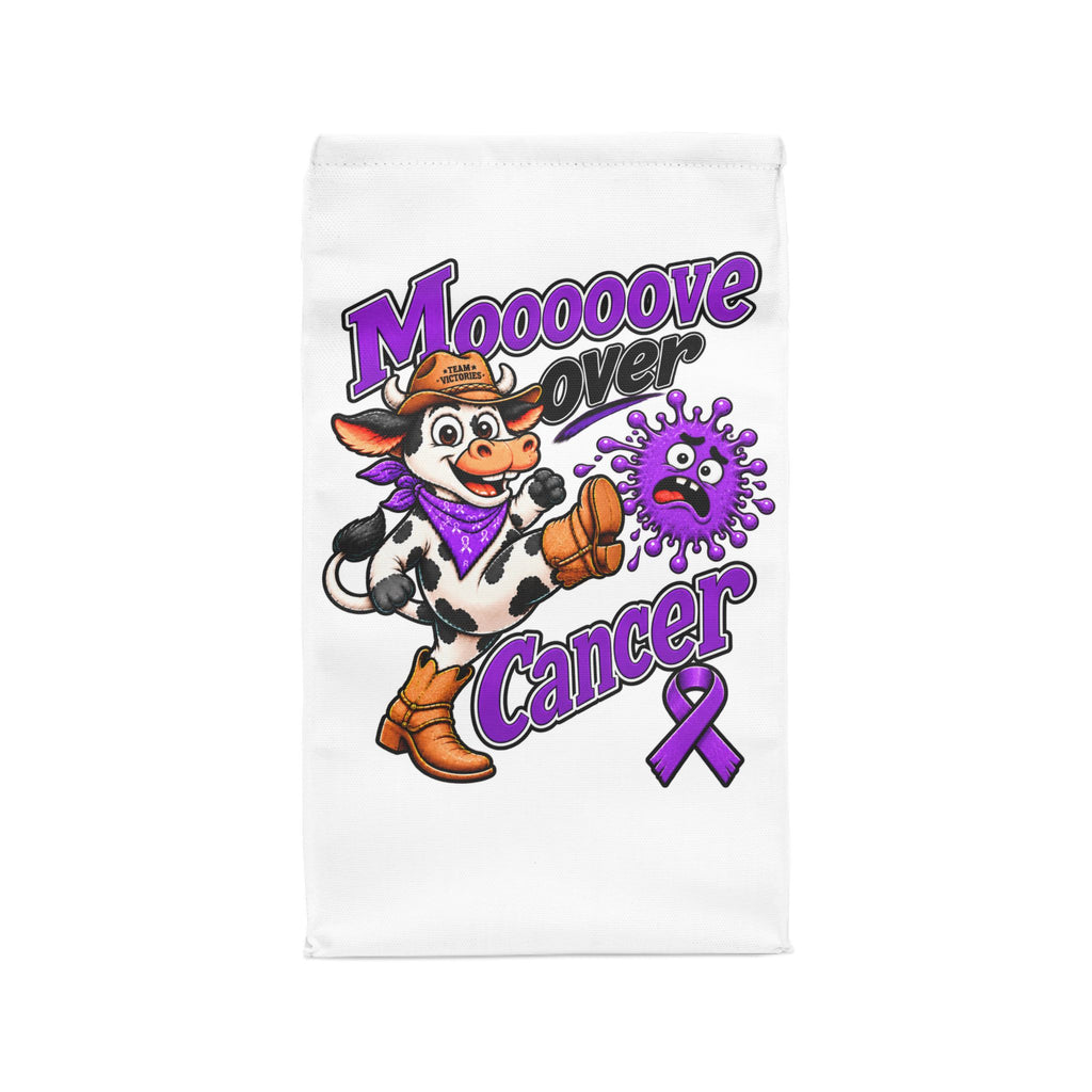 Moooove Over Cancer lunch bag with colorful cow artwork and purple awareness ribbon