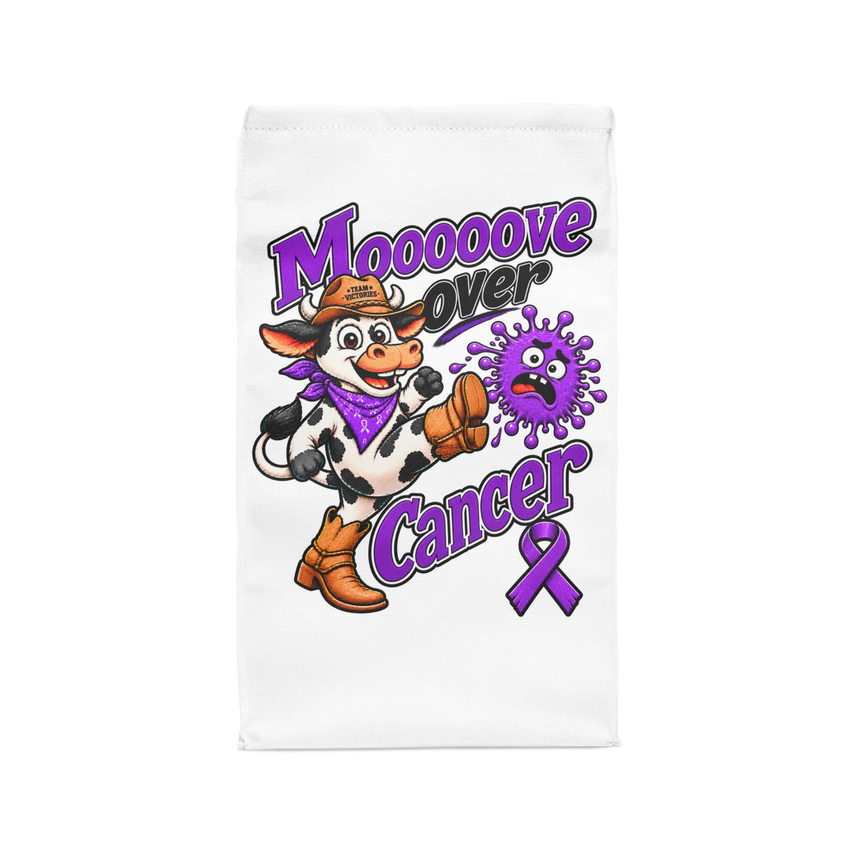 Moooove Over Cancer lunch bag with colorful cow artwork and purple awareness ribbon