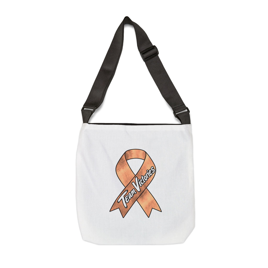 Team Victories orange ribbon design displayed on the back of the shoulder tote