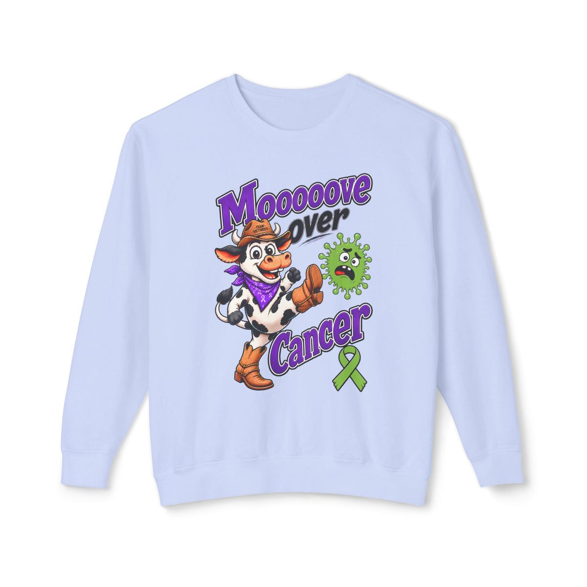 Moooove Over Cancer crewneck sweatshirt in lavender with cow artwork and Non-Hodgkin/Lymphoma Cancer awareness ribbon