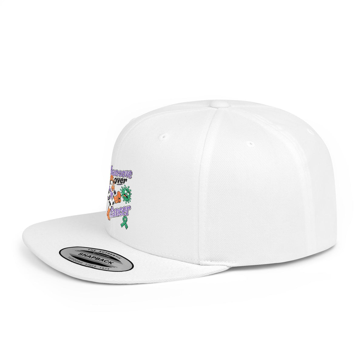 Rear view of white Moooove Over Cancer snapback hat showing adjustable plastic closure