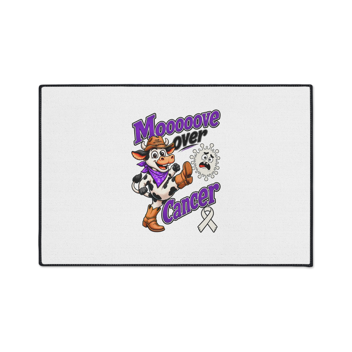 Moooove Over Cancer cowgirl floor mat shown with black trim and Lung Cancer awareness ribbon