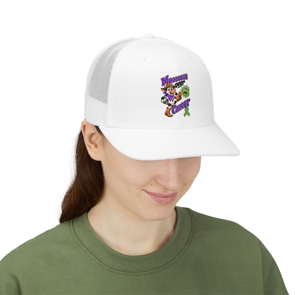 Side view of a model wearing the white Moooove Over Cancer trucker cap