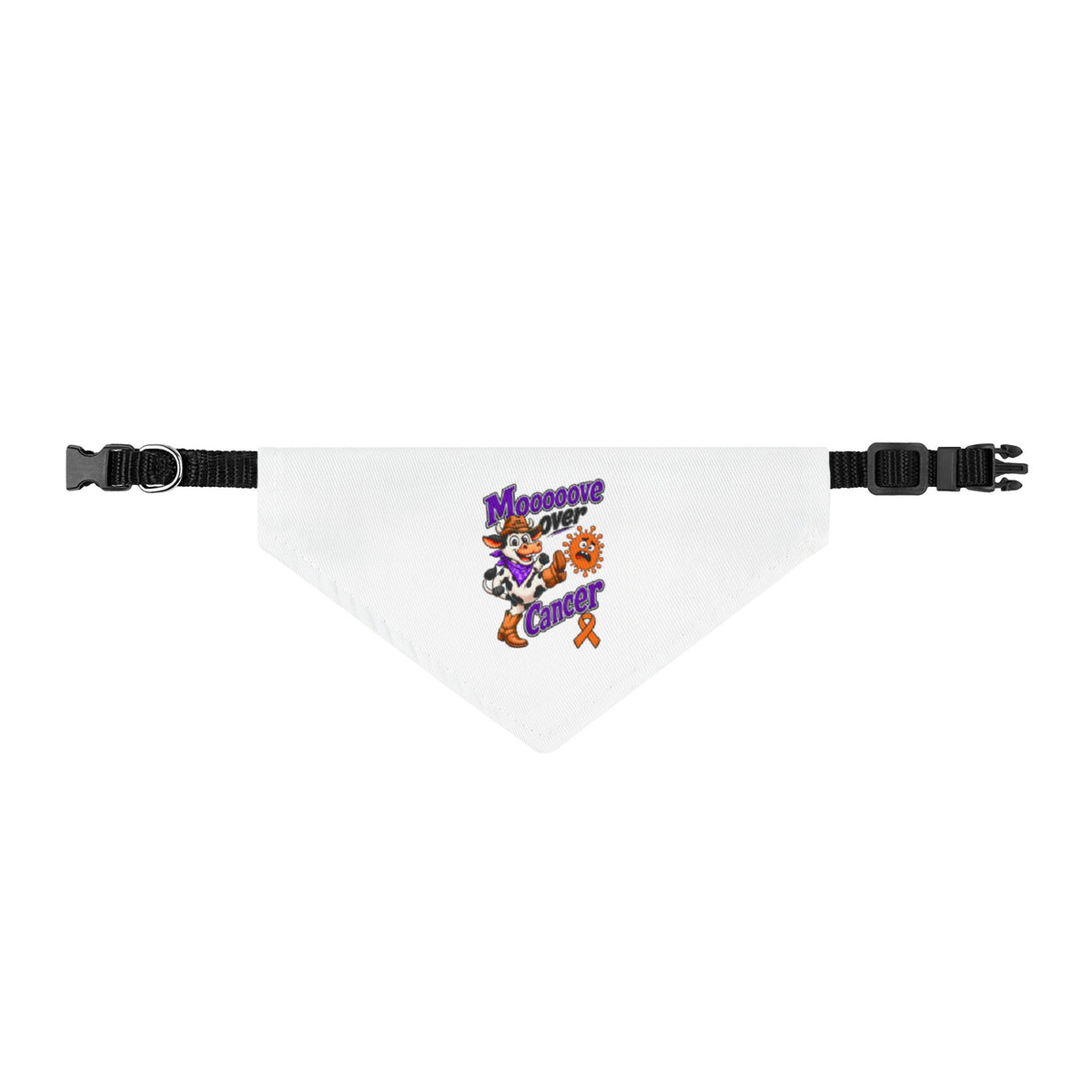 Moooove Over Cancer clip-on pet bandana with cow design and orange ribbon