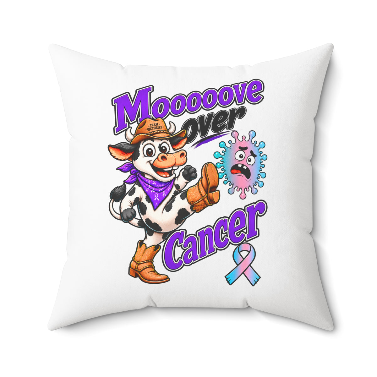 Detailed Moooove Over Cancer pillow design with cow, cancer message, and Thyroid Cancer ribbon