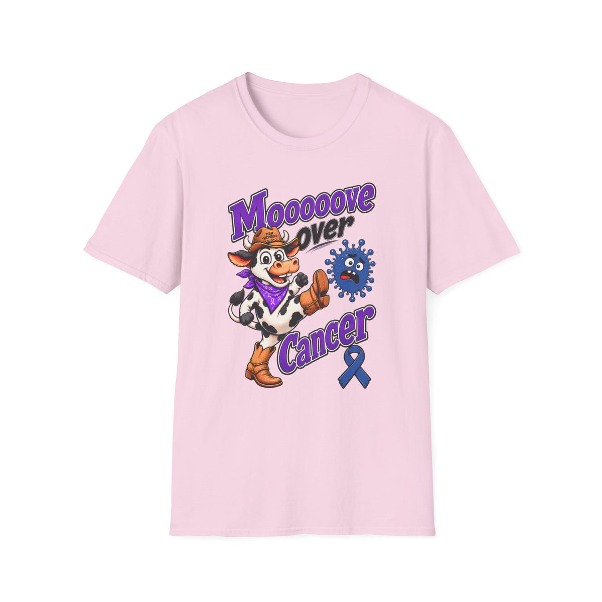 Moooove Over Cancer pink T-shirt with Western character and Colon Cancer awareness design