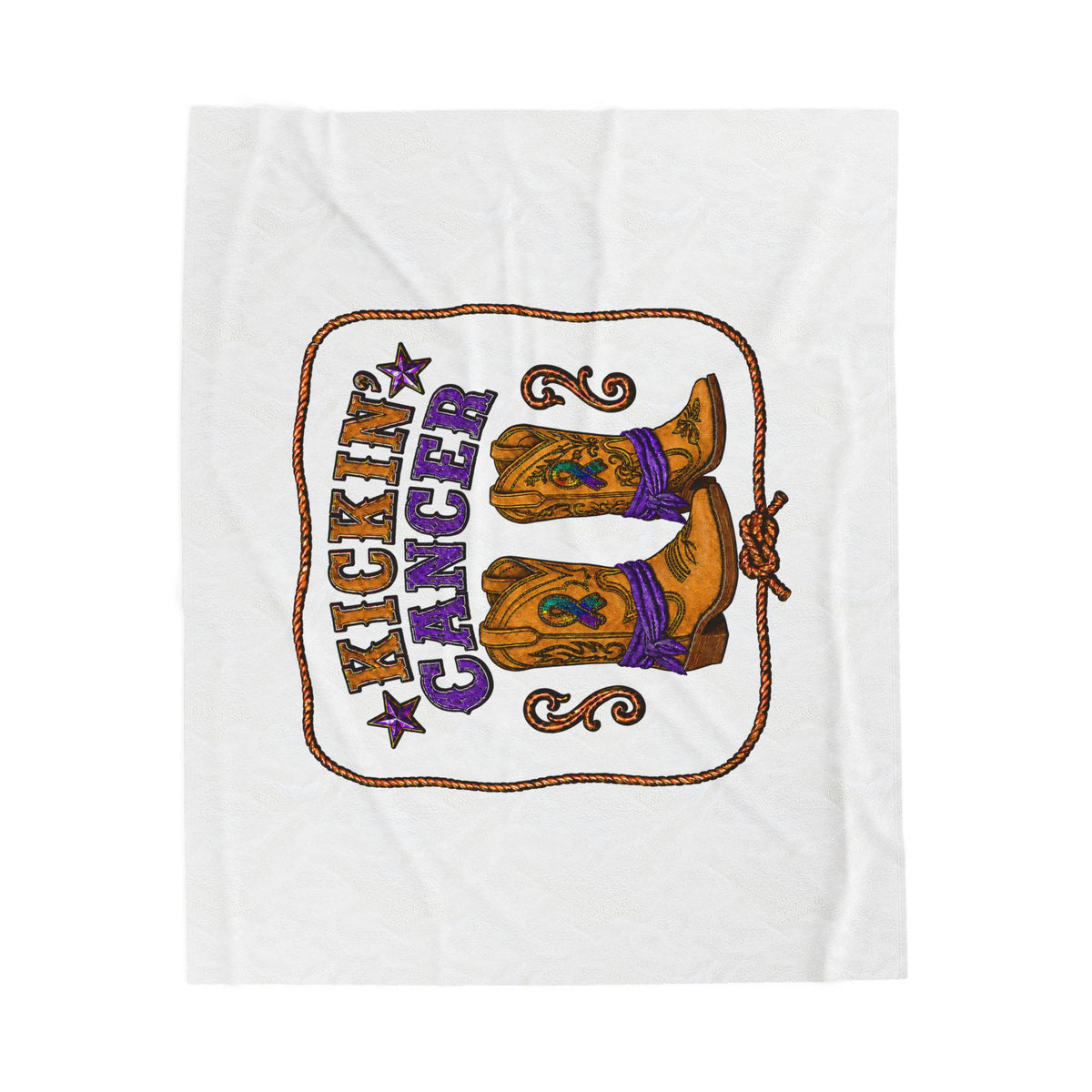 White Kickin' Cancer velveteen blanket shown flat with western cowboy boot artwork