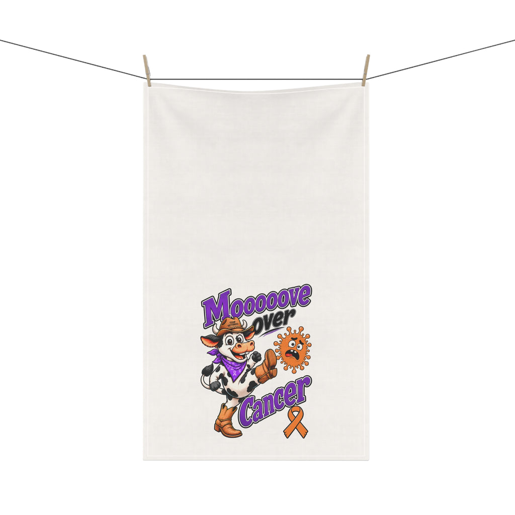 Moooove Over Cancer tea towel hanging outdoors with cow artwork and orange awareness ribbon
