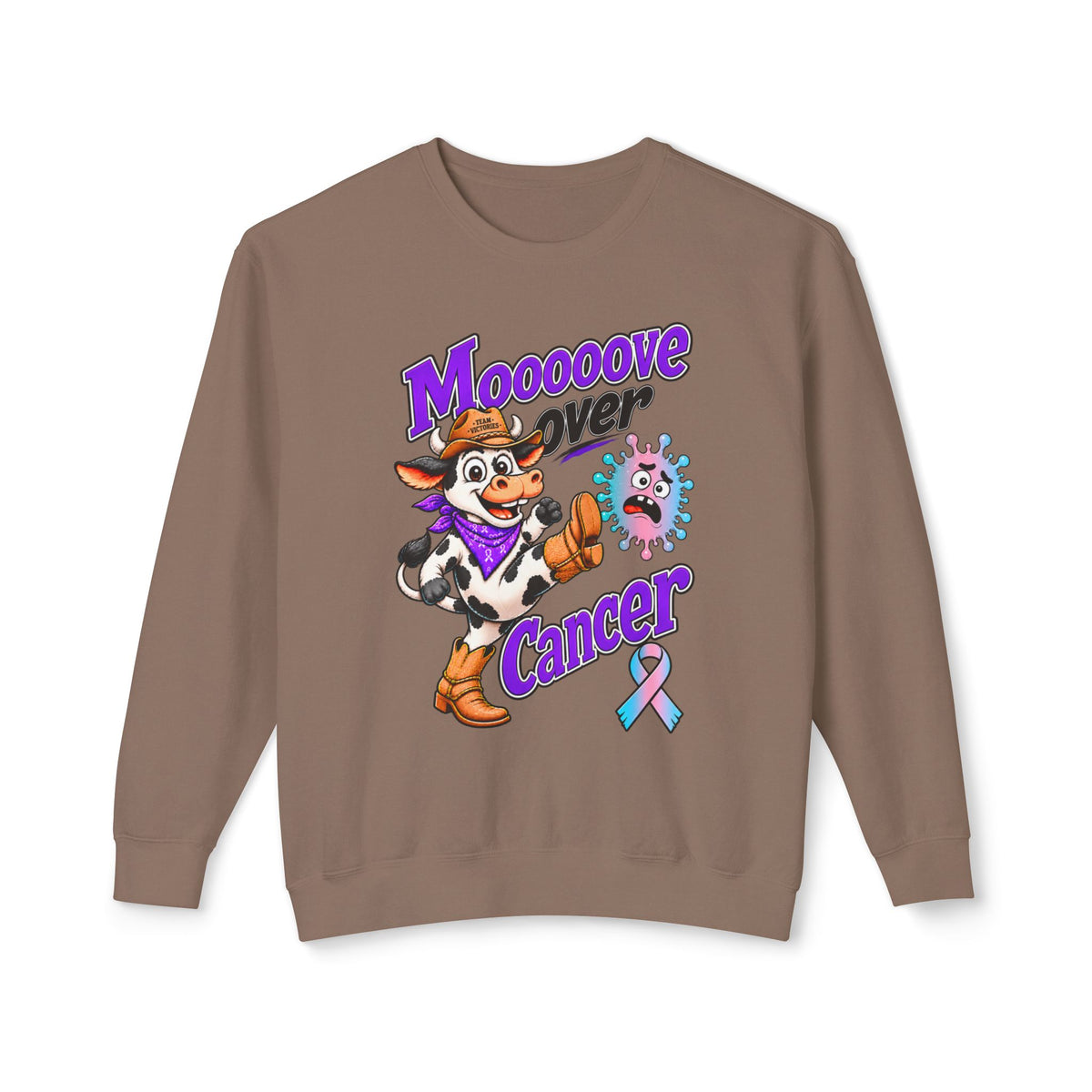 Moooove Over Cancer taupe sweatshirt with cow artwork and Thyroid Cancer awareness ribbon