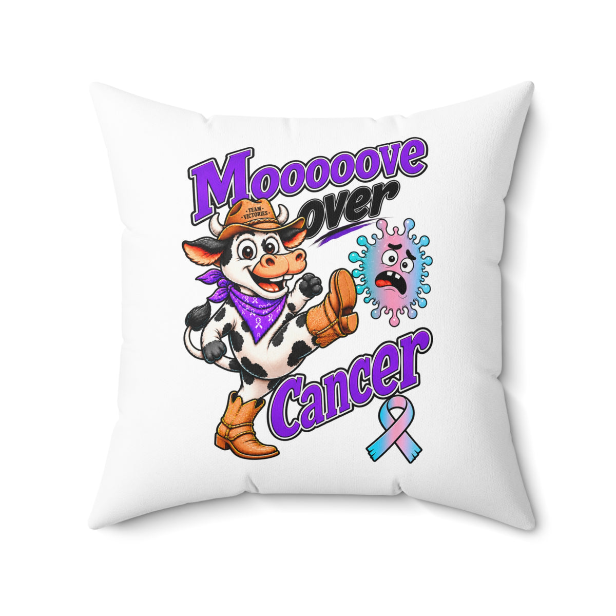 Moooove Over Cancer pillow featuring playful cow artwork, purple lettering, and Thyroid Cancer ribbon
