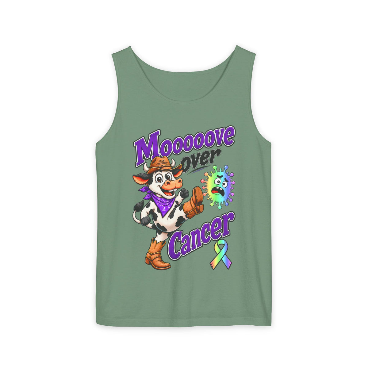 Green Moooove Over Cancer tank top with cowgirl design and all-cancer awareness ribbon