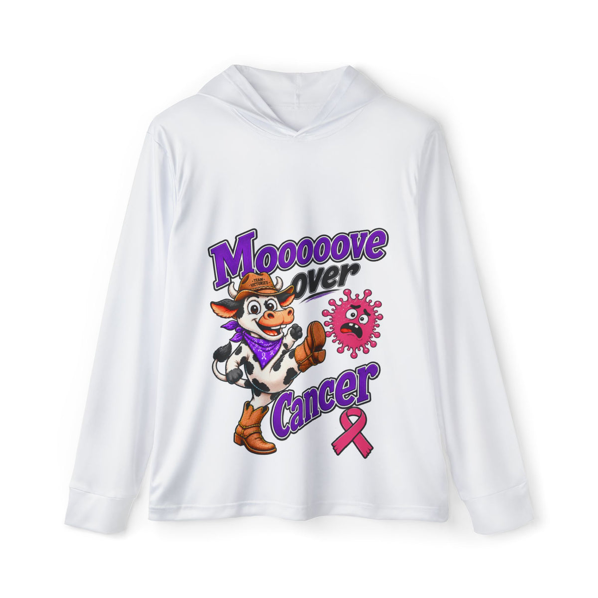Moooove Over Cancer white hoodie with western cowgirl character and pink awareness ribbon