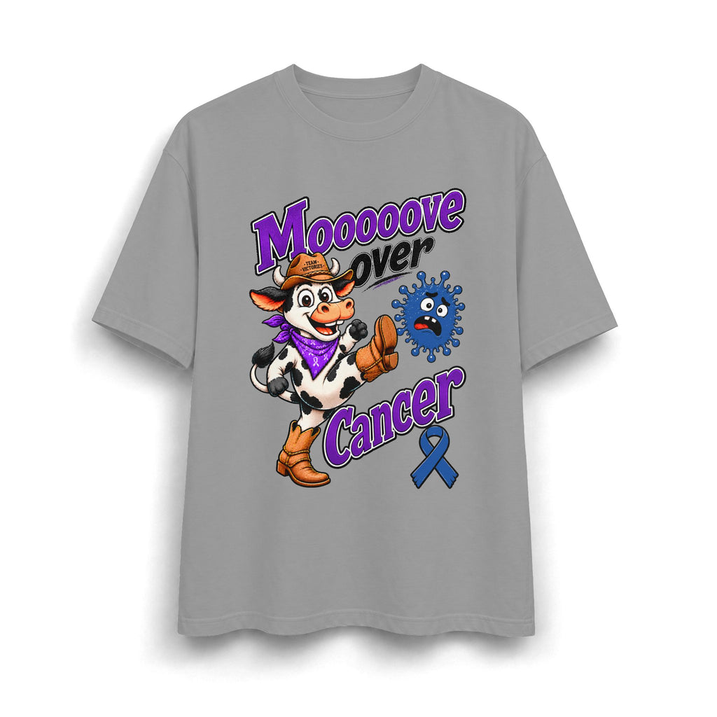 Gray Moooove Over Cancer heavyweight T-shirt with cowgirl graphic and blue ribbon