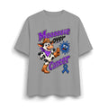 Gray Moooove Over Cancer heavyweight T-shirt with cowgirl graphic and blue ribbon