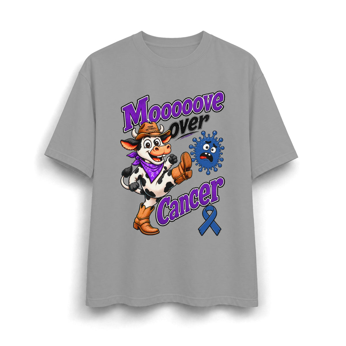 Gray Moooove Over Cancer heavyweight T-shirt with cowgirl graphic and blue ribbon