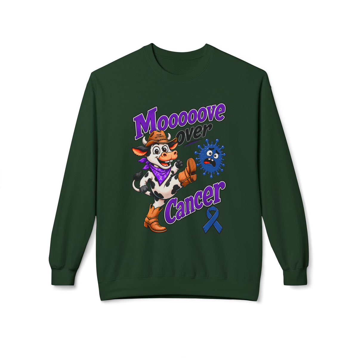 Beige Moooove Over Cancer crewneck with Colon Cancer awareness ribbon artwork