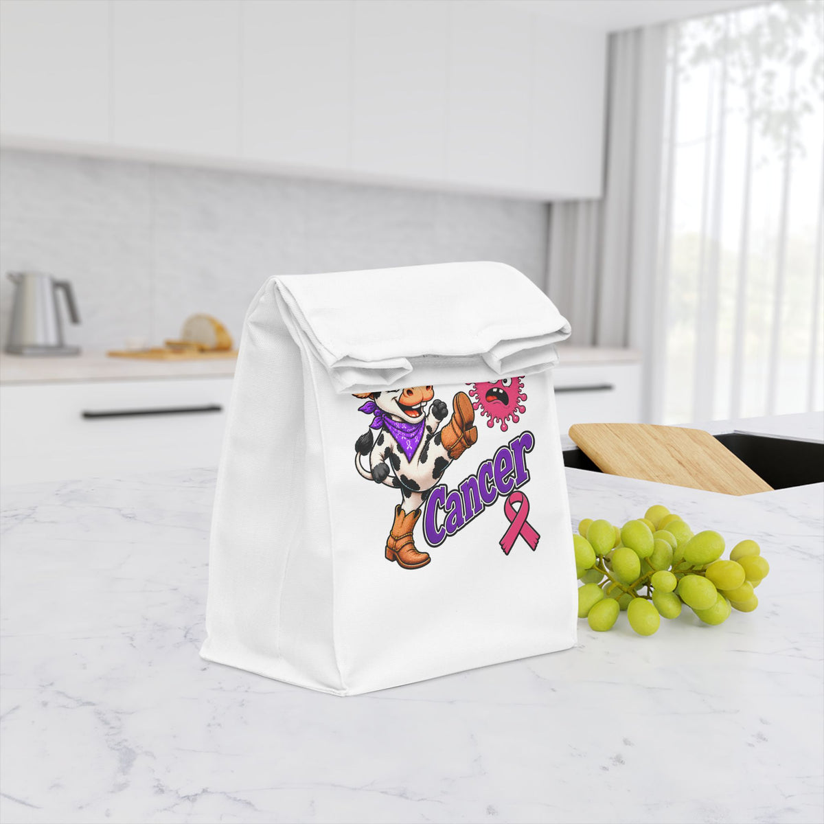 Moooove Over Cancer lunch bag with fold-over magnetic flap closed