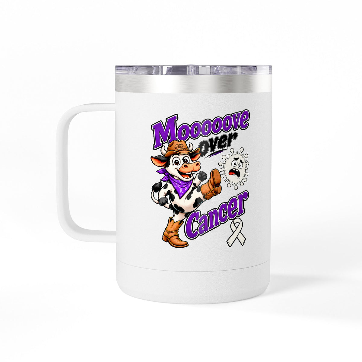 White insulated Moooove Over Cancer mug with Lung Cancer awareness ribbon and cow design