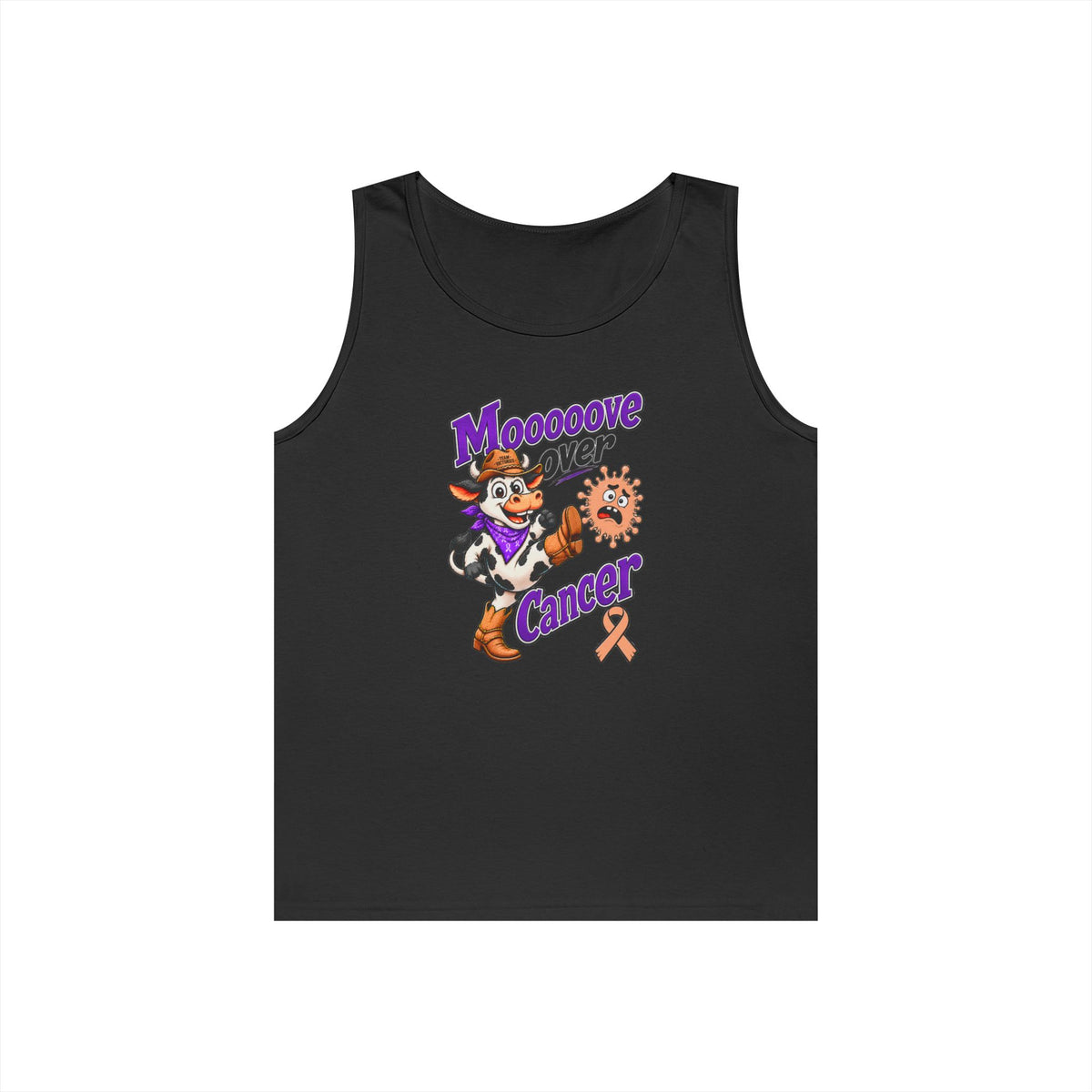 Black Moooove Over Cancer tank top with cow artwork and Uterine Cancer awareness ribbon