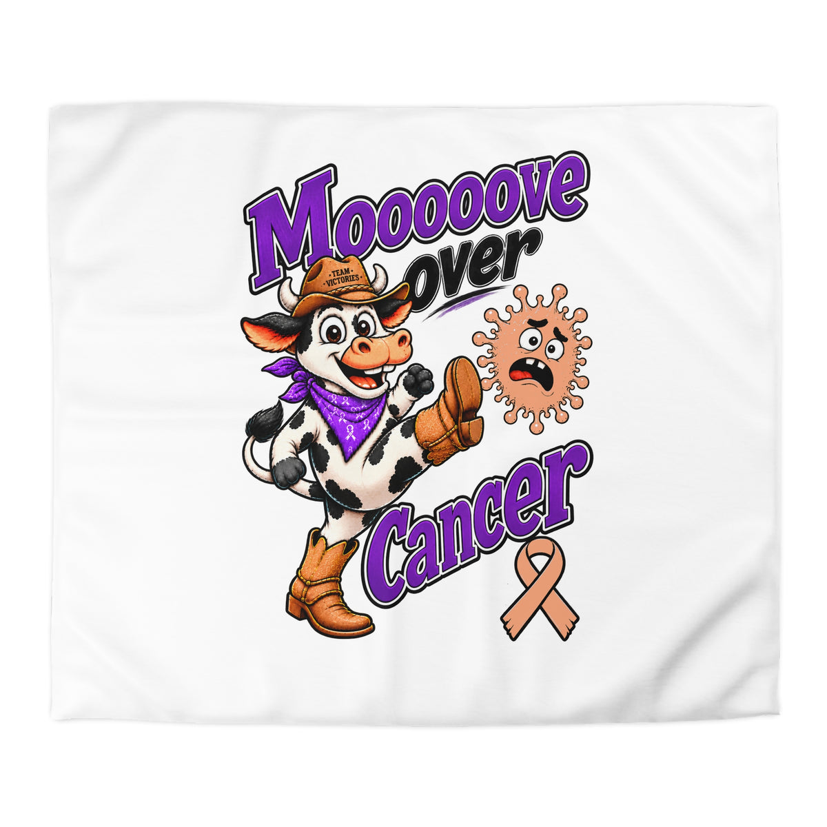 Close view of Moooove Over Cancer duvet cover artwork with cowgirl cow and Uterine Cancer awareness ribbon