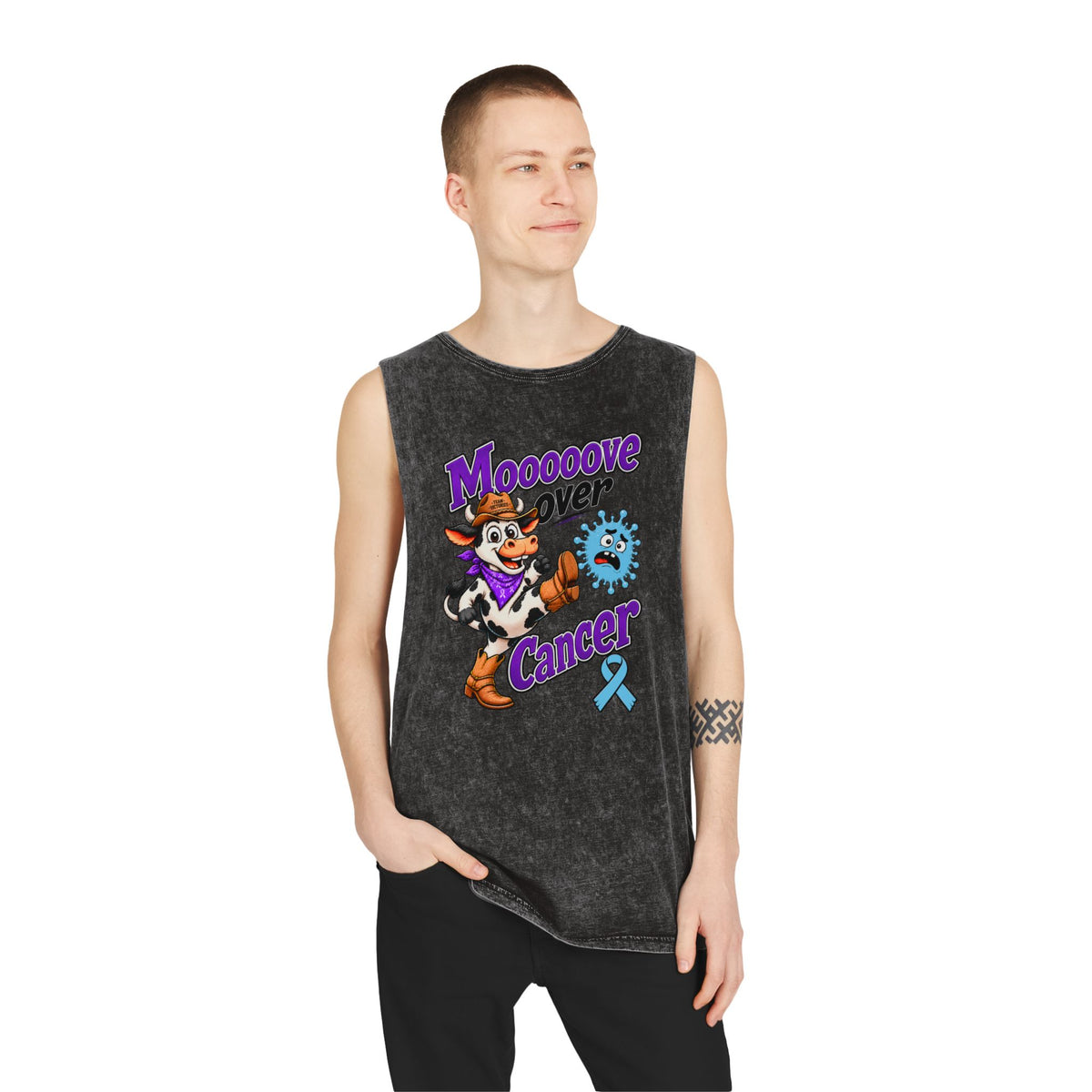 Model wearing Moooove Over Cancer tank top with Prostate Cancer awareness ribbon graphic