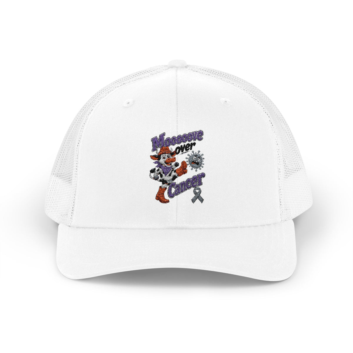 Moooove Over Cancer trucker hat modeled from the front with Prostate Cancer awareness artwork