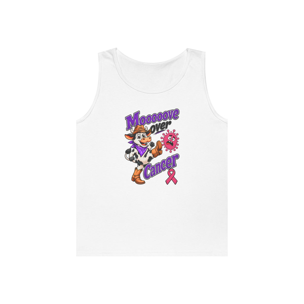 White Moooove Over Cancer tank top with western character and Breast Cancer awareness ribbon