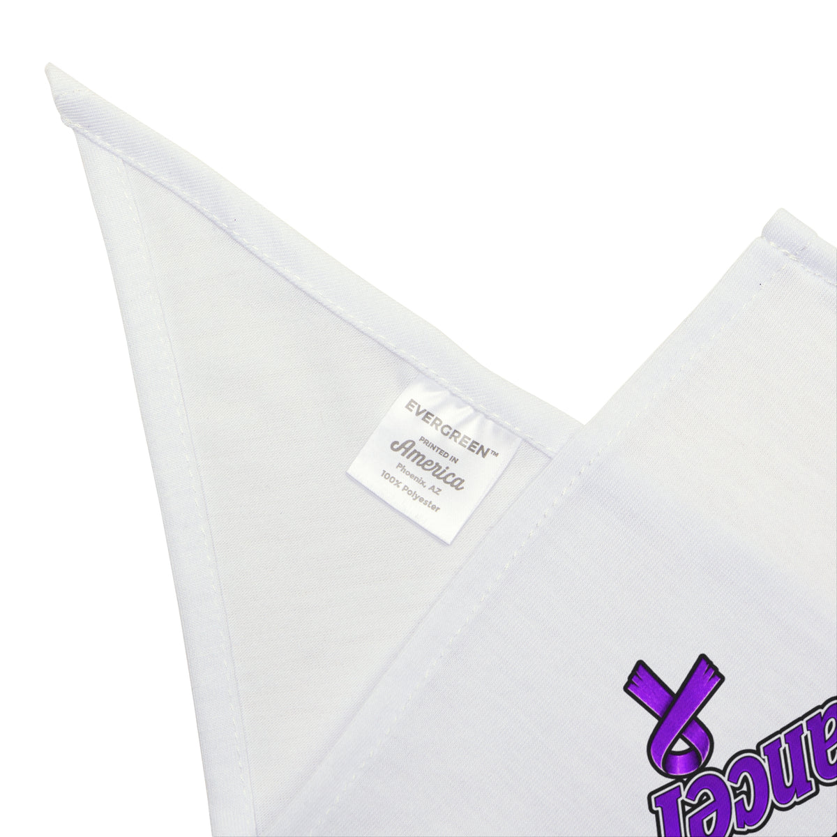 Close-up of purple Pancreatic Cancer awareness ribbon on Moooove Over Cancer bandana