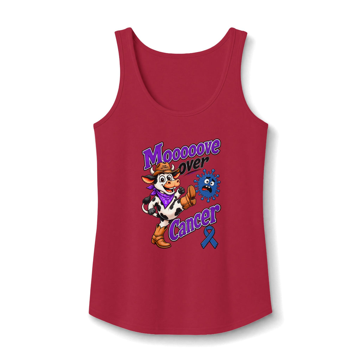 Moooove Over Cancer tank top with Colon Cancer awareness ribbon on a red tank