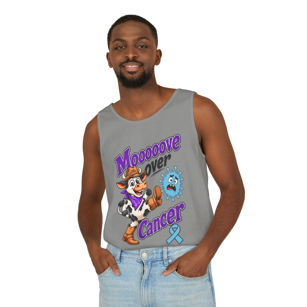 Woman wearing a blue-gray Moooove Over Cancer tank top with Prostate Cancer awareness ribbon