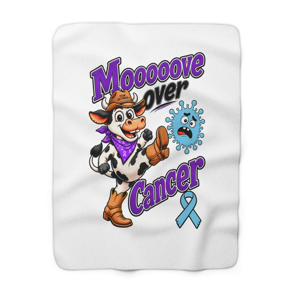 Moooove Over Cancer blanket with cow design and light blue Prostate Cancer awareness ribbon