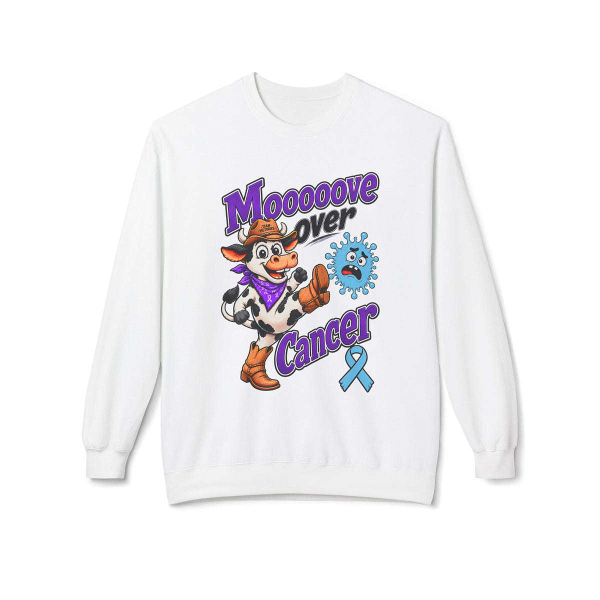 Moooove Over Cancer crewneck sweatshirt with cow artwork and Prostate Cancer awareness ribbon