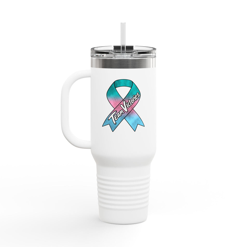 White 40 oz travel mug featuring the Team Victories Thyroid Cancer awareness ribbon design