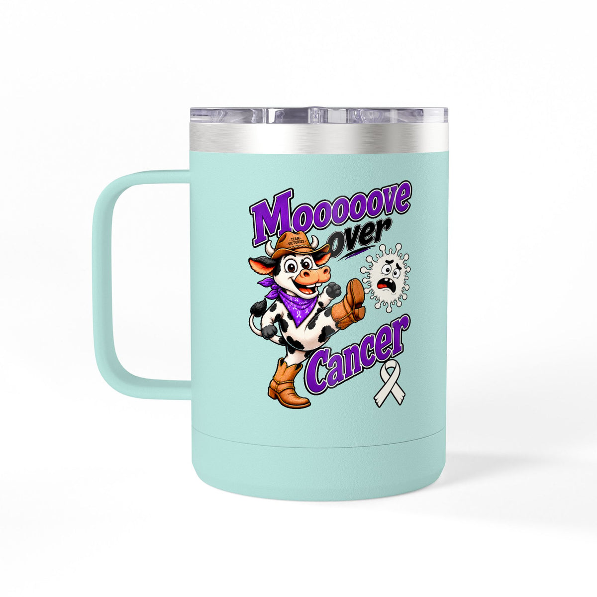 Light blue Moooove Over Cancer mug with Lung Cancer awareness ribbon and cow design