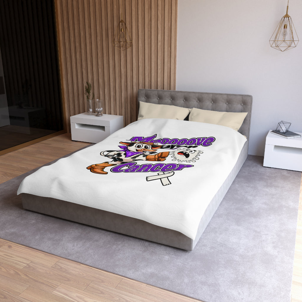 Moooove Over Cancer duvet cover shown on a bed, featuring a Lung Cancer awareness ribbon