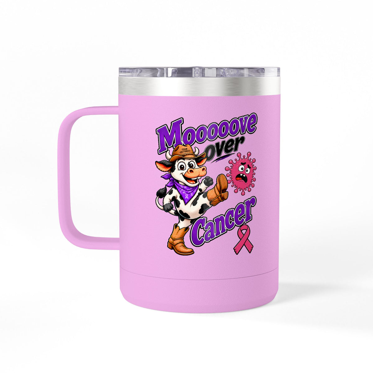 Mooove Over Cancer cow design on a pink insulated mug with a pink Breast Cancer awareness ribbon