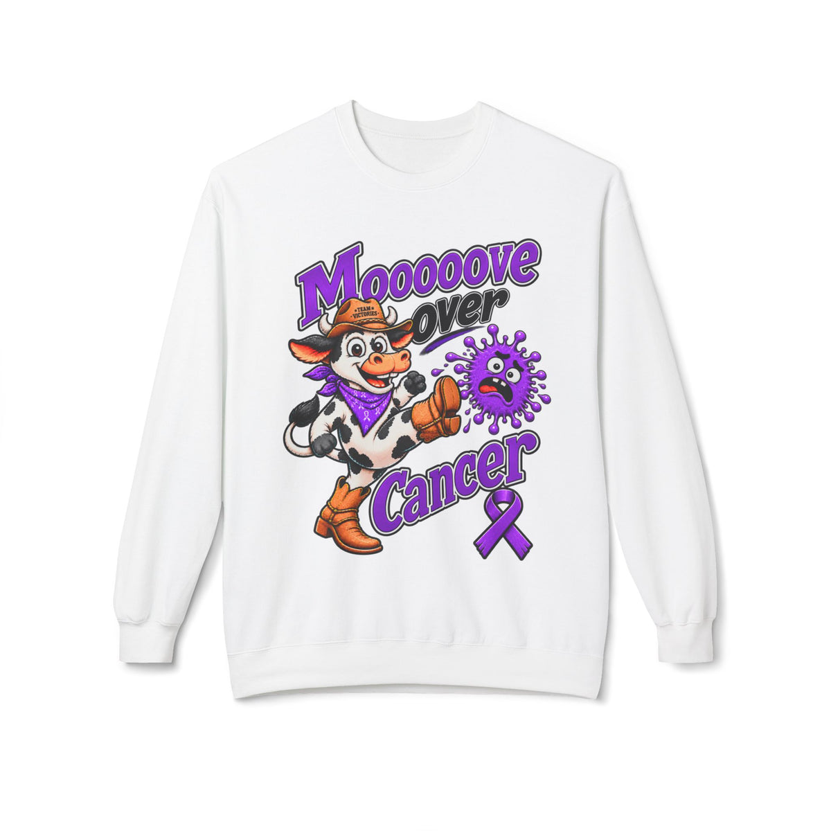Moooove Over Cancer crewneck sweatshirt with purple Pancreatic Cancer awareness ribbon, white front view