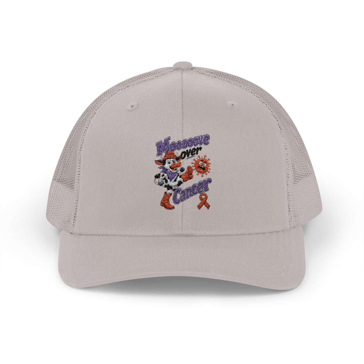 Red Moooove Over Cancer trucker hat with Leukemia/Kidney Cancer awareness ribbon artwork