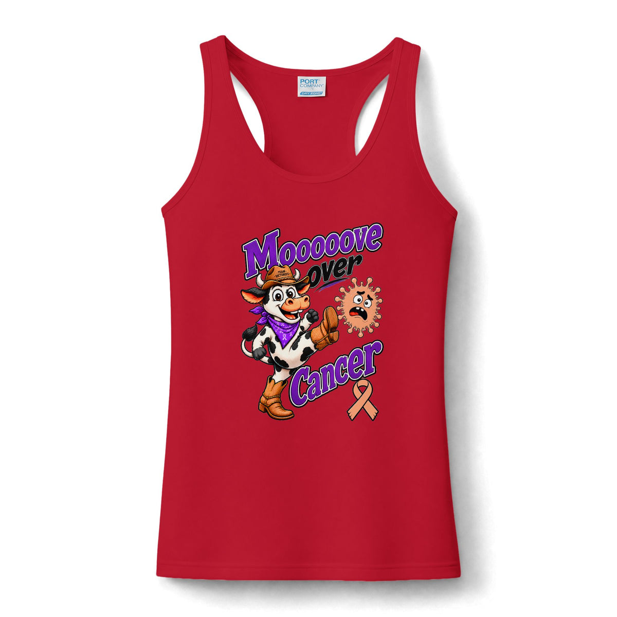 Moooove Over Cancer women's tank with peach Uterine Cancer awareness ribbon on red