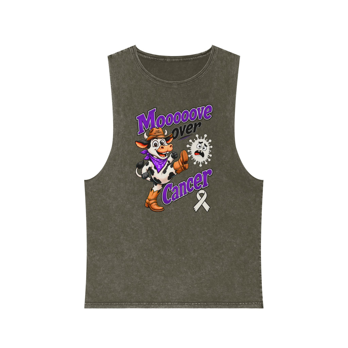Moooove Over Cancer stonewashed tank top with Lung Cancer awareness ribbon, olive