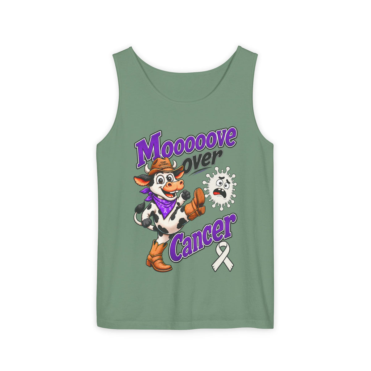 Moooove Over Cancer tank top with cow design and Lung Cancer awareness ribbon in sage green