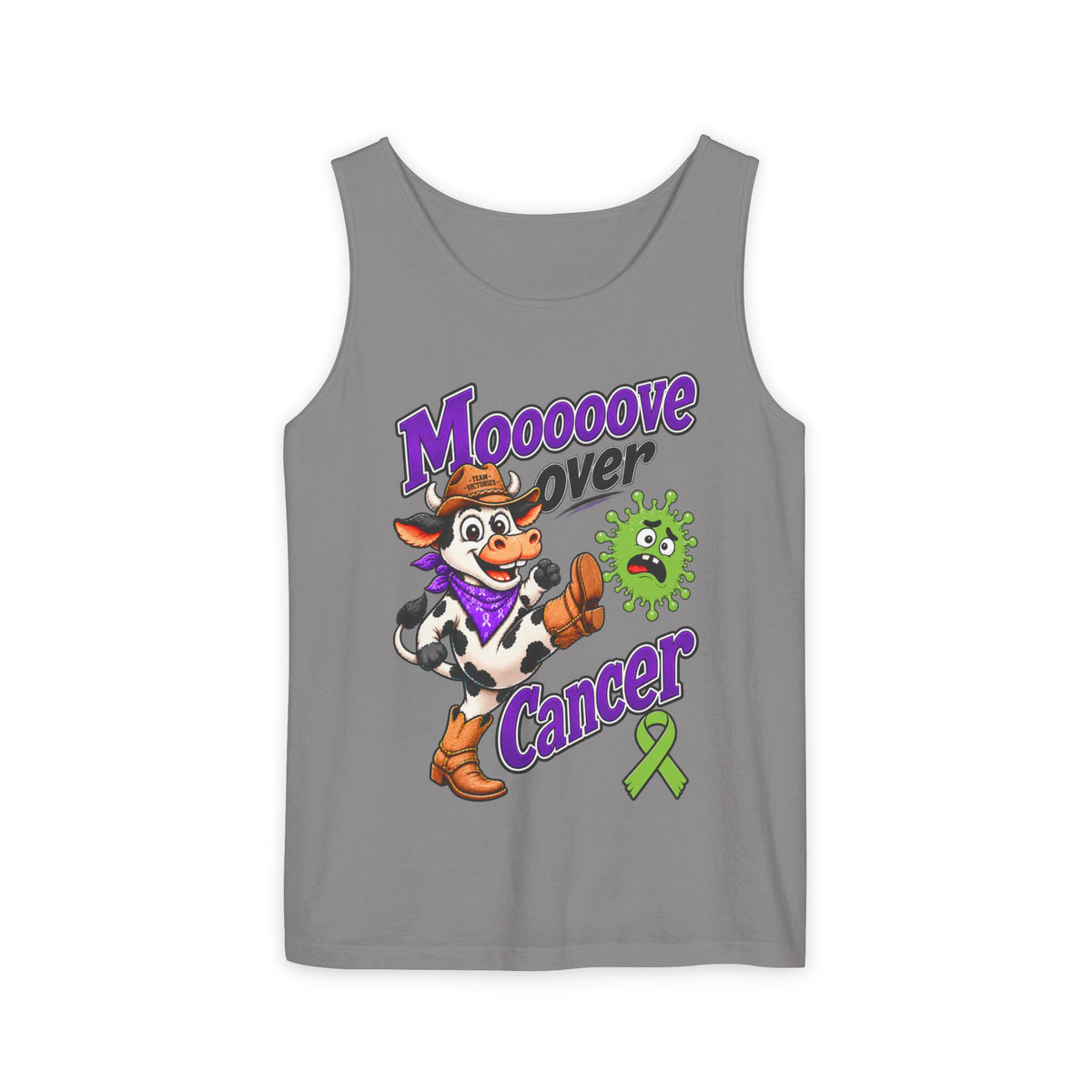 Moooove Over Cancer tank top with cow artwork on gray fabric