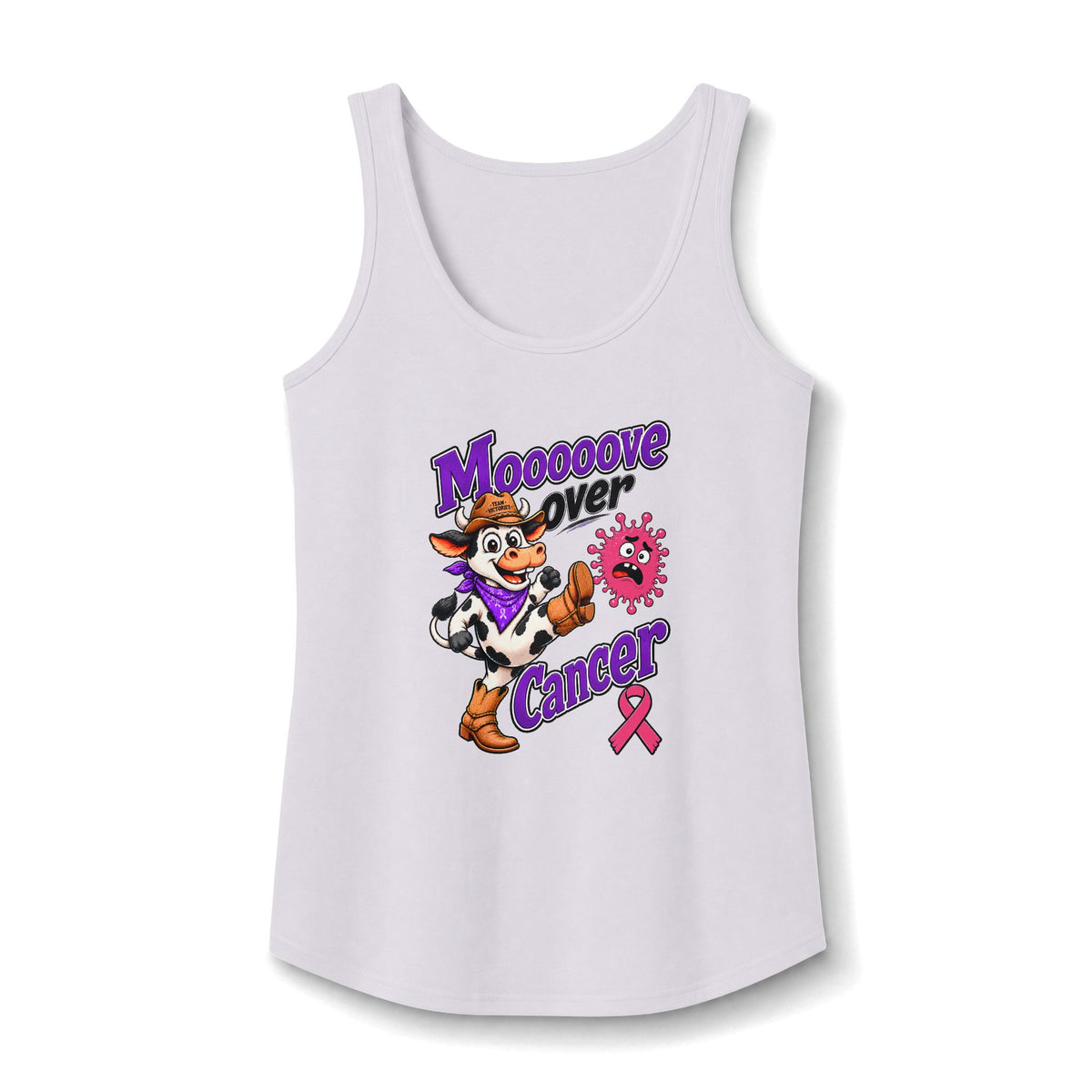 Moooove Over Cancer tank top with cow graphic and Breast Cancer awareness ribbon