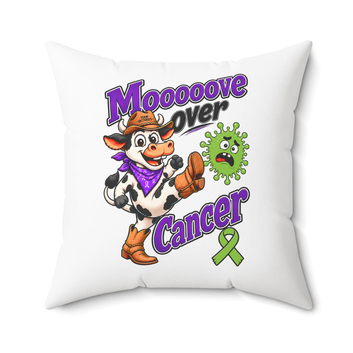Moooove Over Cancer square pillow with colorful cow artwork and Non-Hodgkin/Lymphoma Cancer awareness design